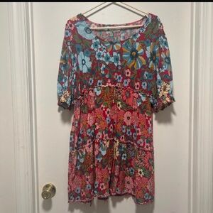 NATURAL LIFE Colorful Floral Mini Dress -raw hem